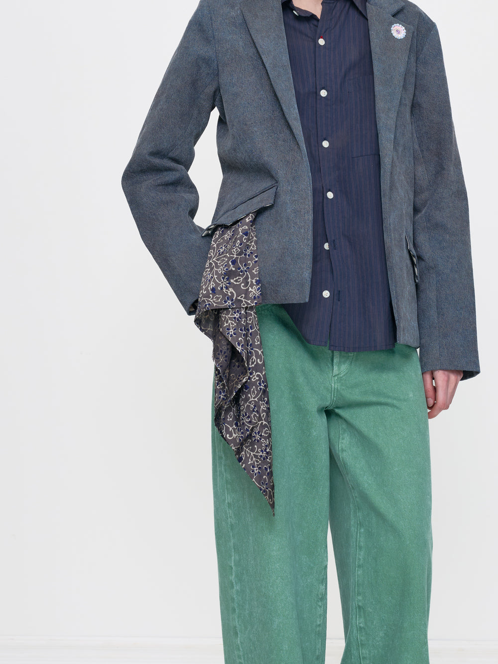 GREY WHITE BLOCK PRINT SILK BANDANA