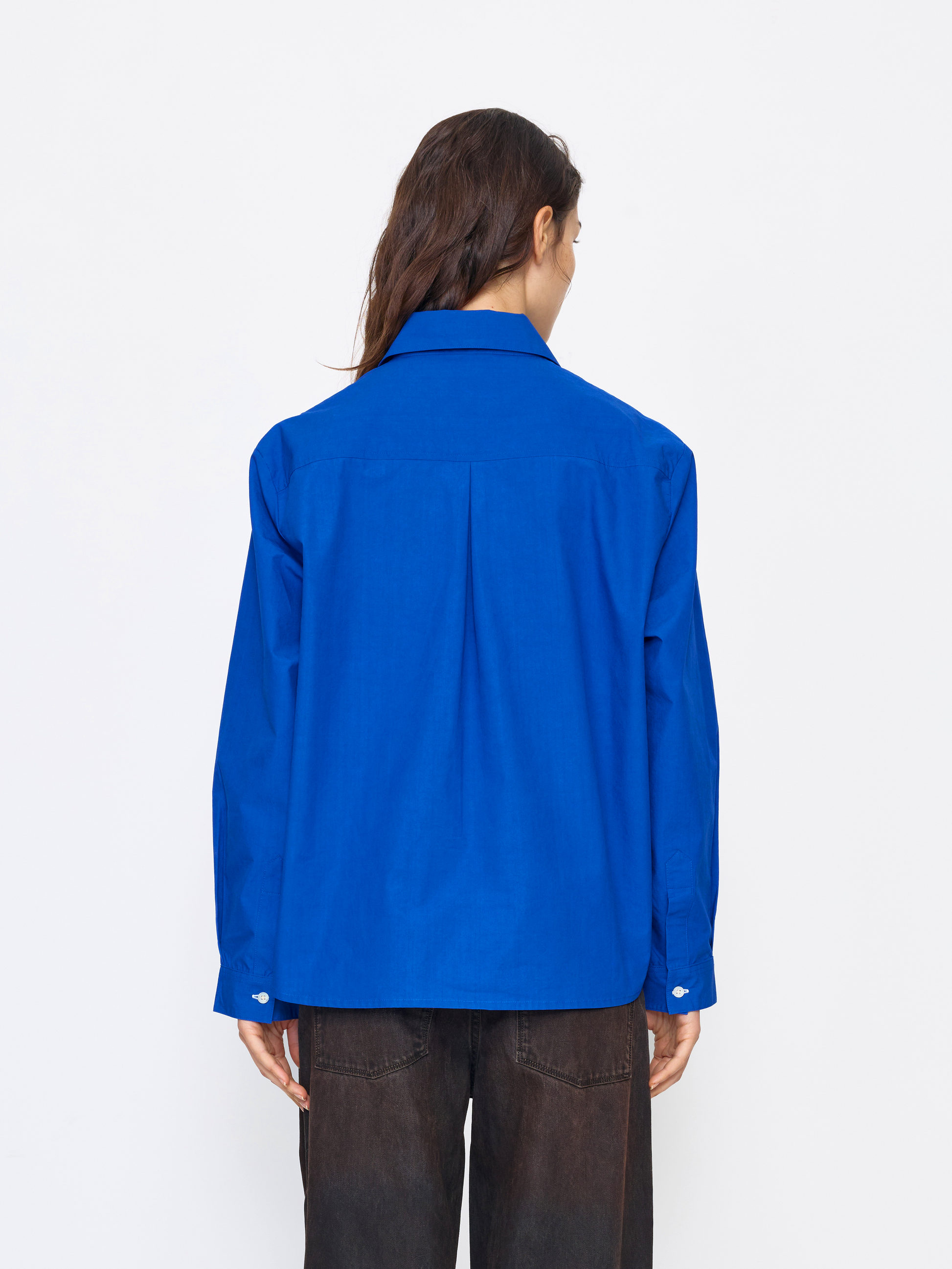 A model viewed from the back wearing a bright royal blue long-sleeve button-up shirt and dark brown trousers, set against a plain white studio background.
