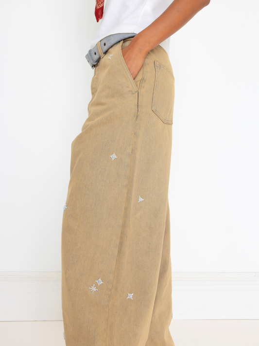 TAN HAND BEADED UNISEX JEAN