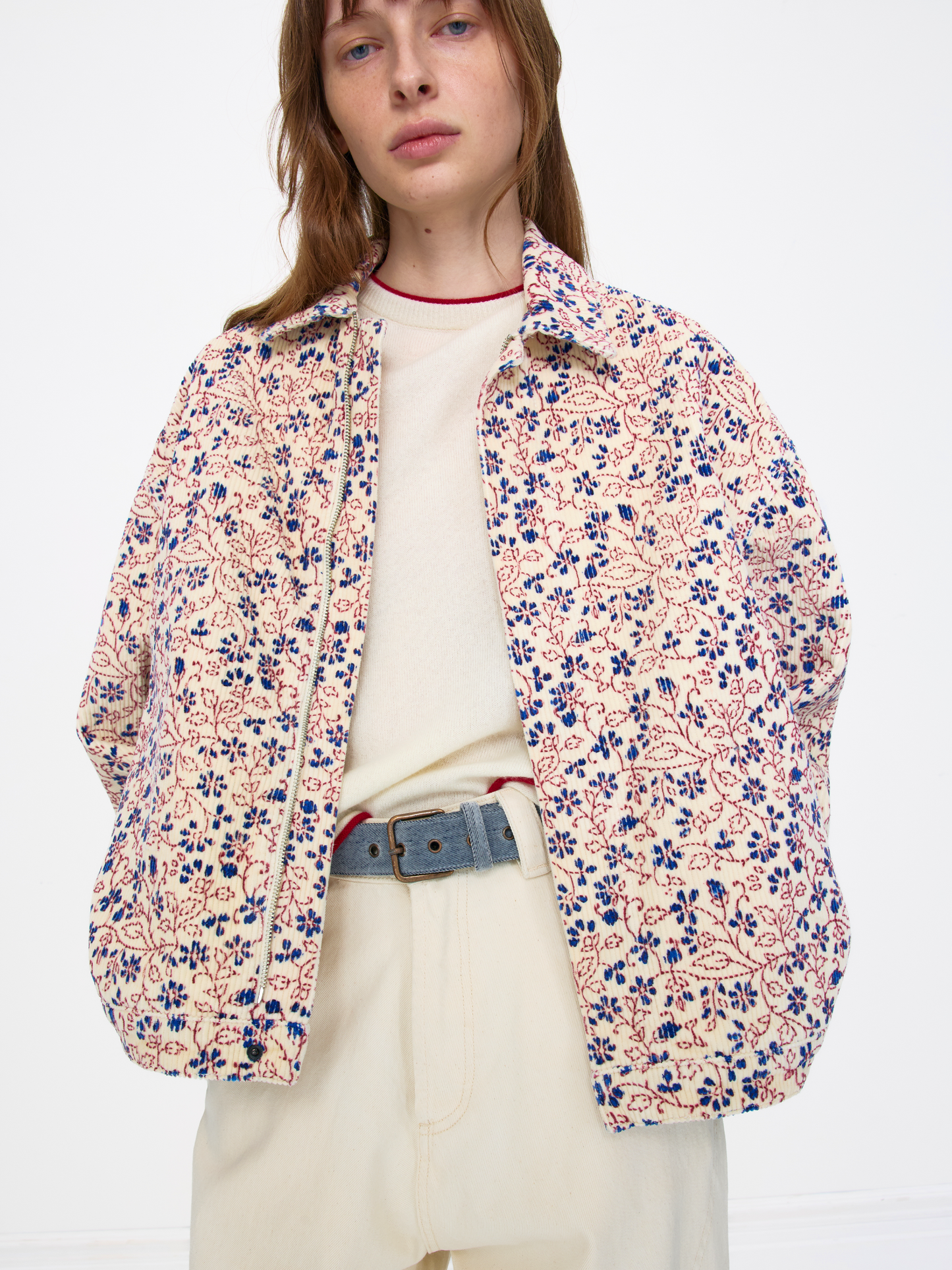 CREAM RED UNISEX HAND BLOCK PRINT JACKET