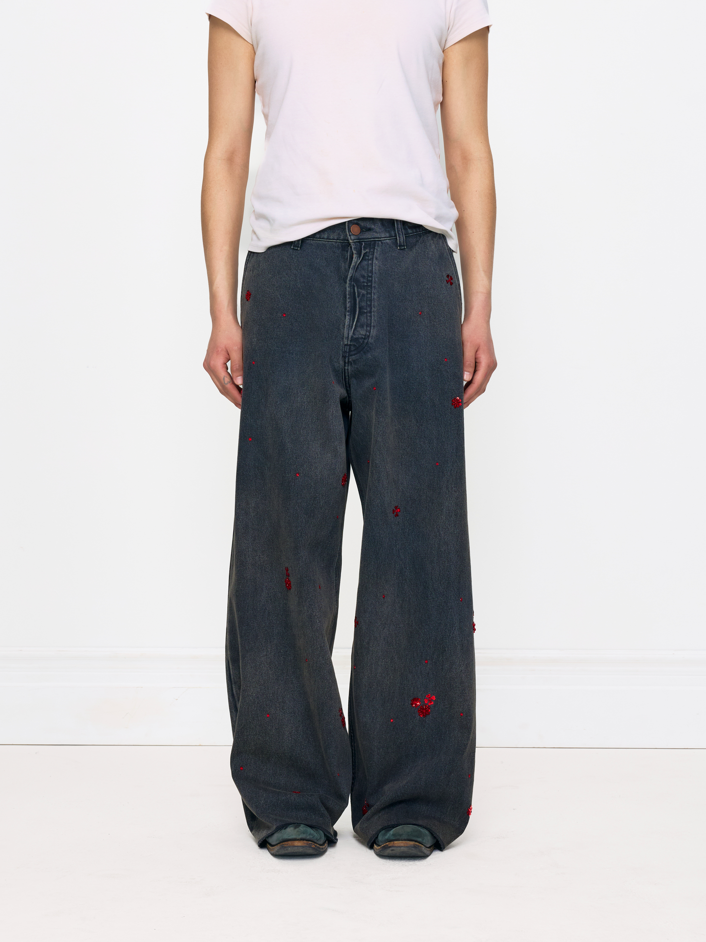 GREY BEADED BAGGY UNISEX JEAN