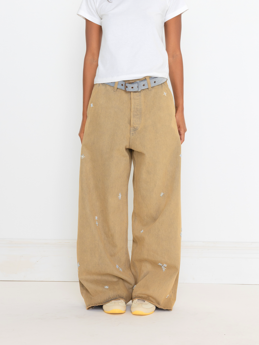 TAN HAND BEADED UNISEX JEAN