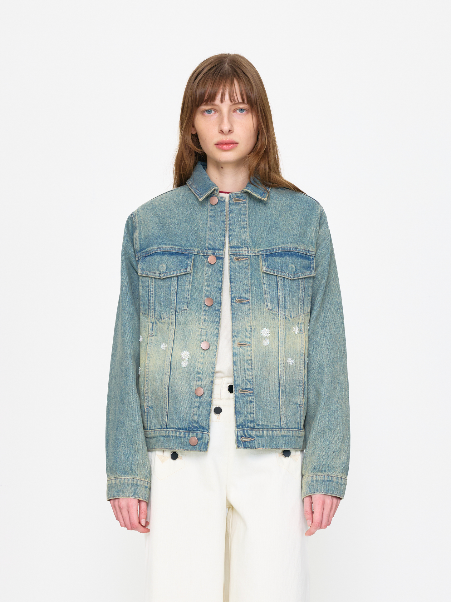 BLUE WHITE BEADED UNISEX TRUCKER JACKET