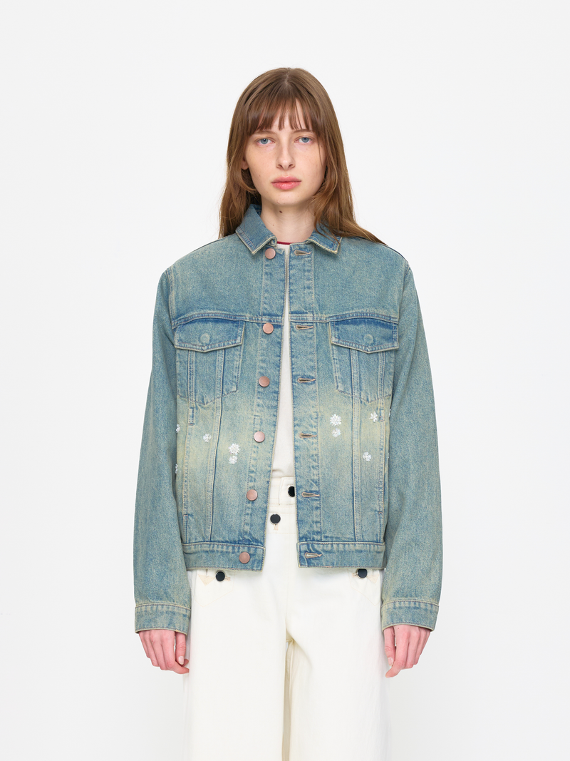 BLUE WHITE BEADED UNISEX TRUCKER JACKET