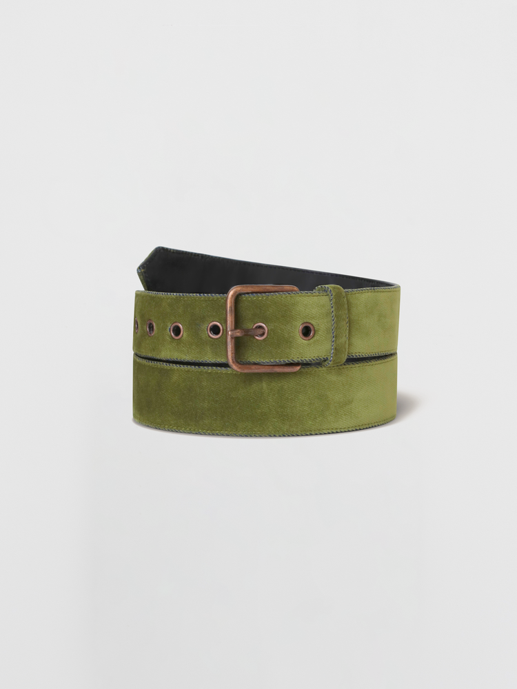 Green belt with a brown buckle on a light gray background