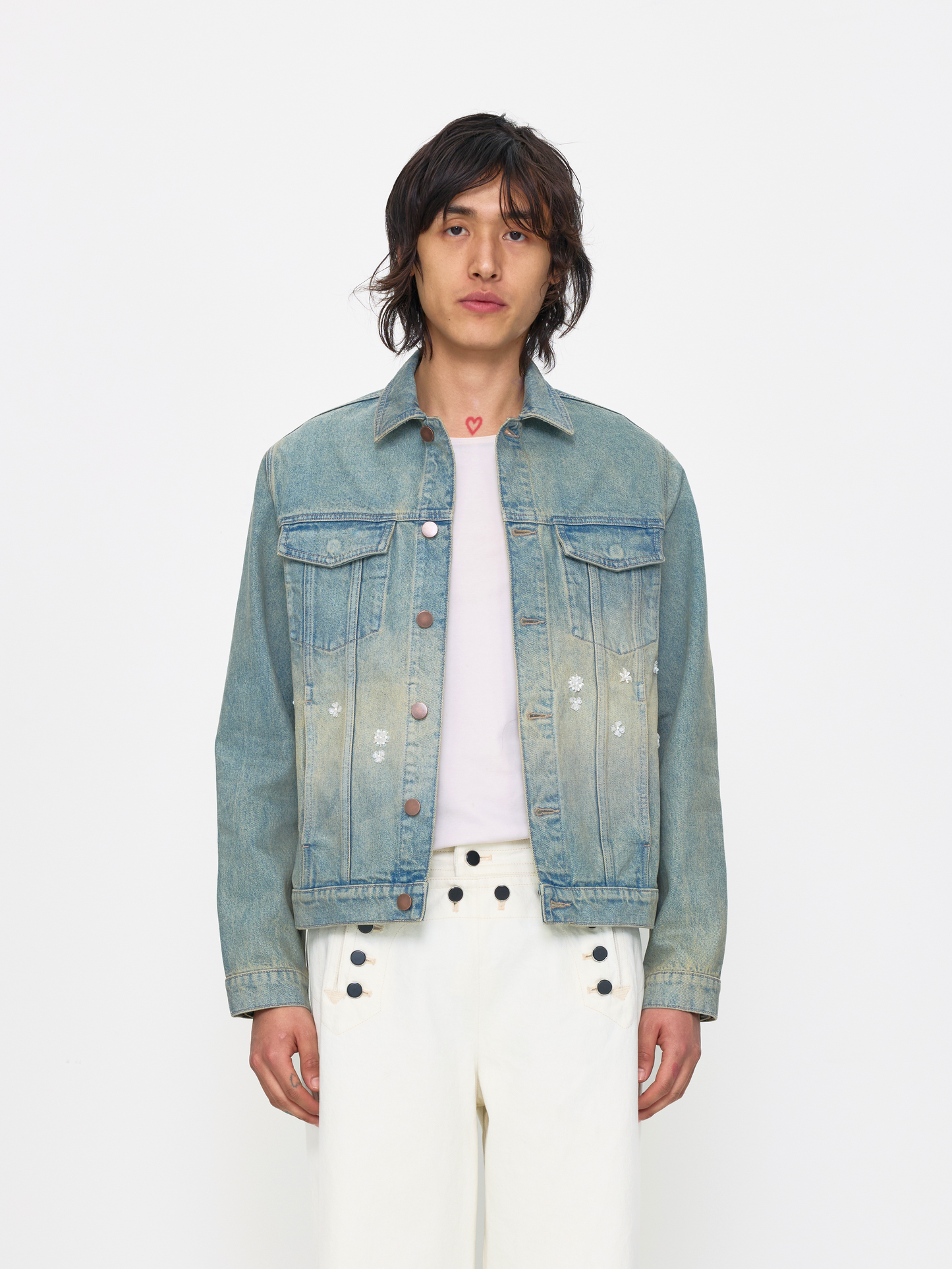 BLUE WHITE BEADED UNISEX TRUCKER JACKET