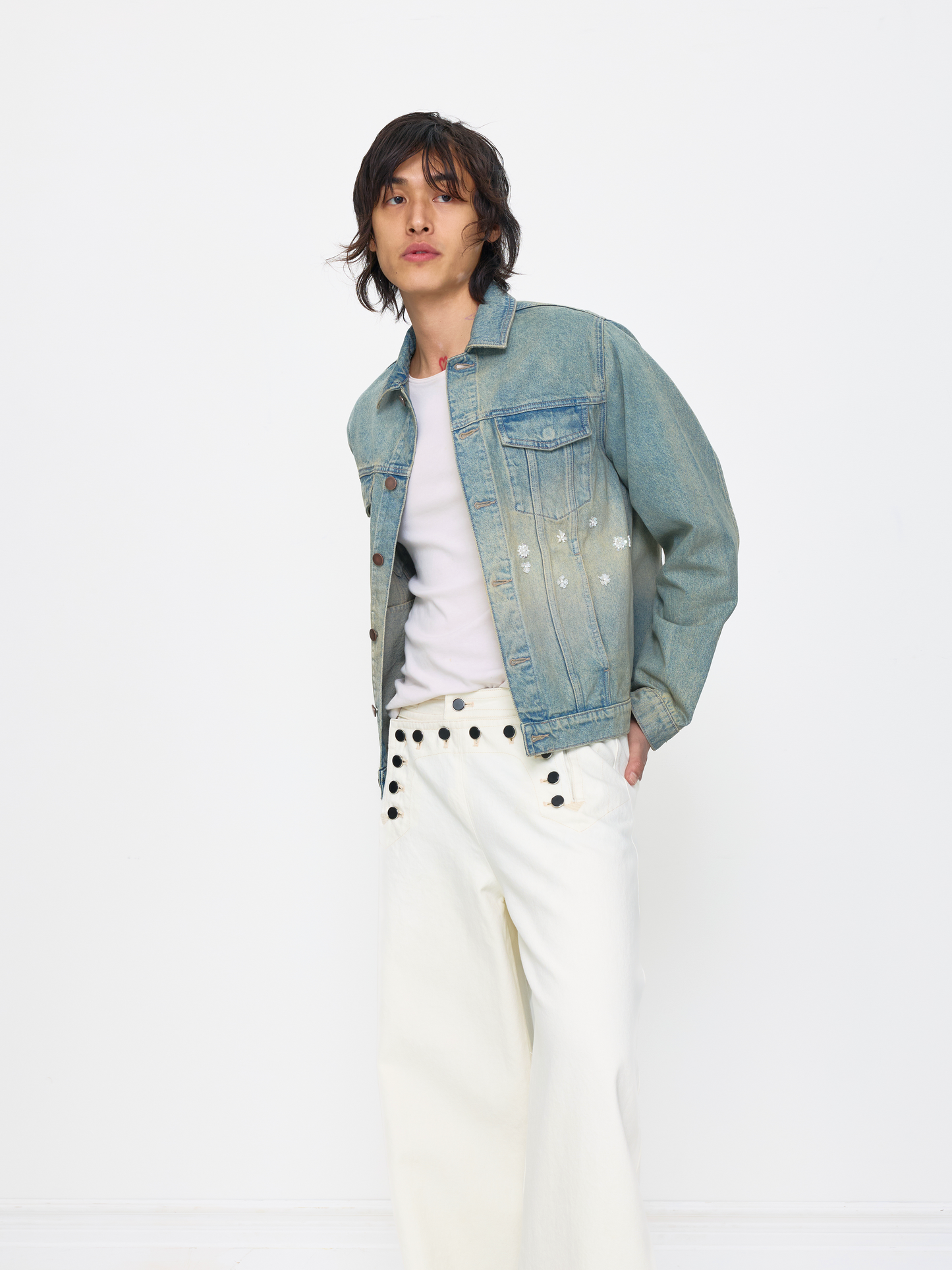 BLUE WHITE BEADED UNISEX TRUCKER JACKET