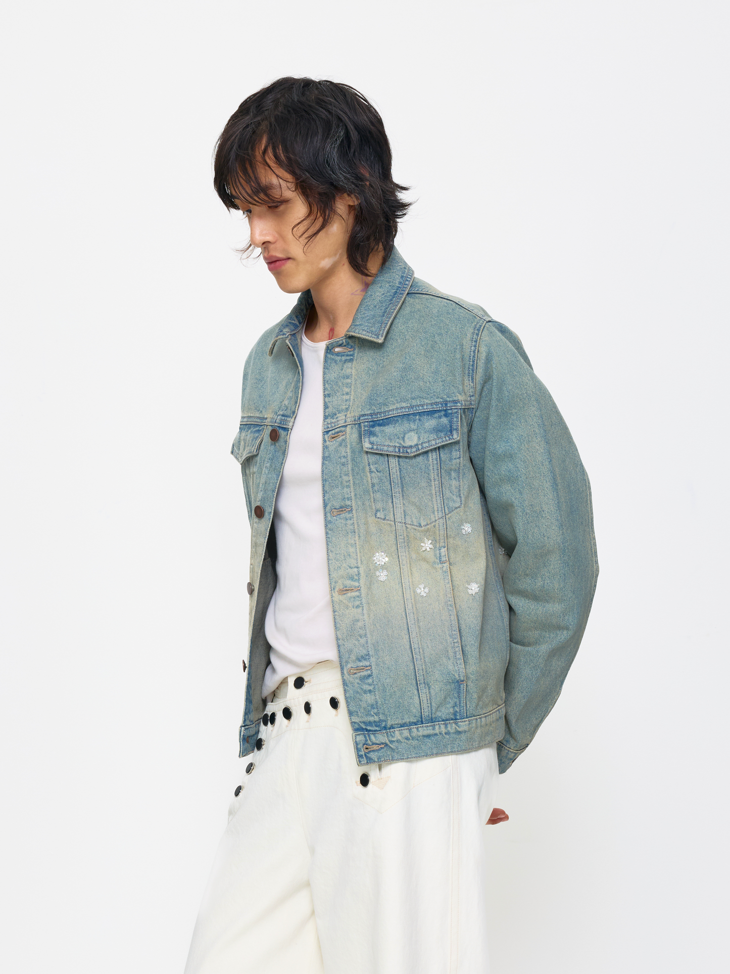 BLUE WHITE BEADED UNISEX TRUCKER JACKET