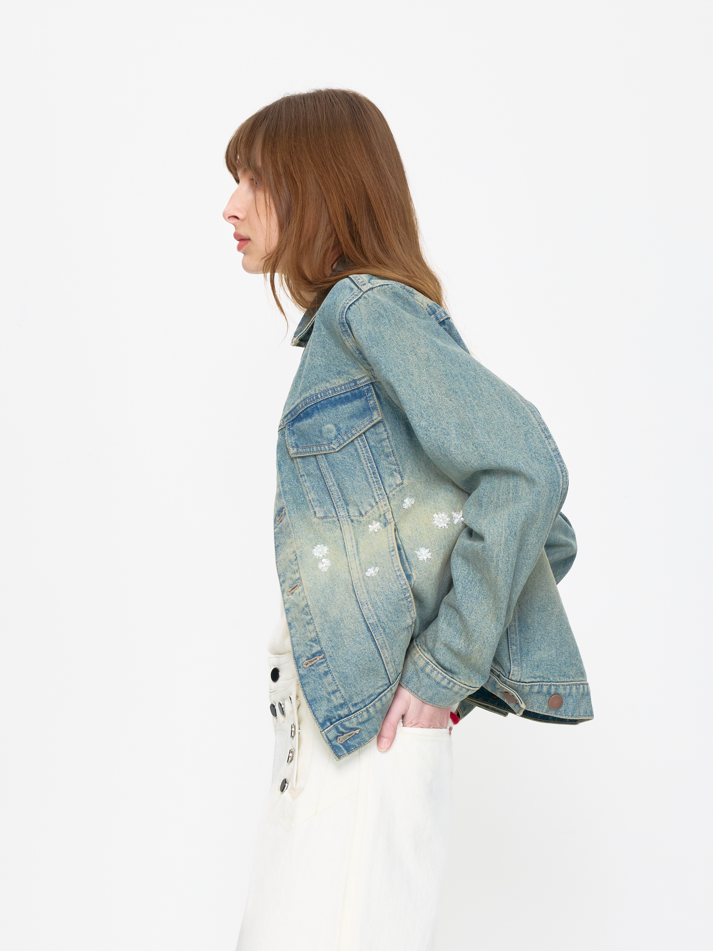 BLUE WHITE BEADED UNISEX TRUCKER JACKET