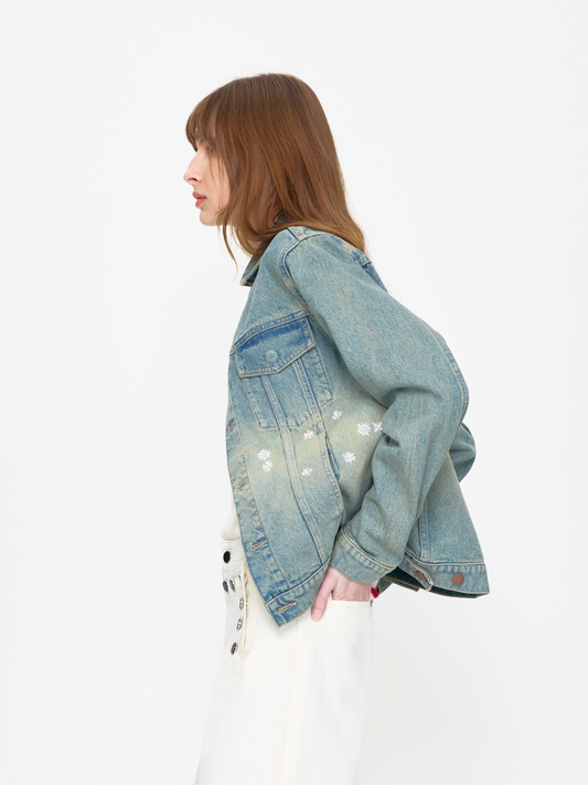 BLUE WHITE BEADED UNISEX TRUCKER JACKET