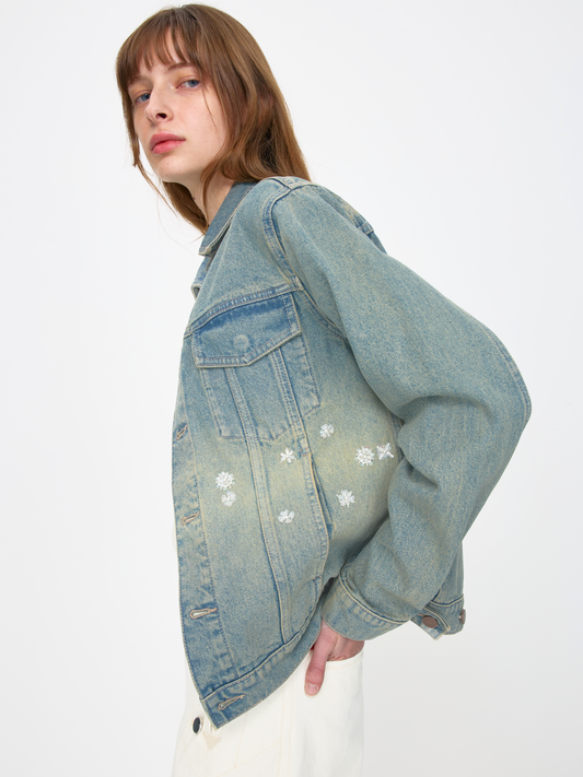 BLUE WHITE BEADED UNISEX TRUCKER JACKET