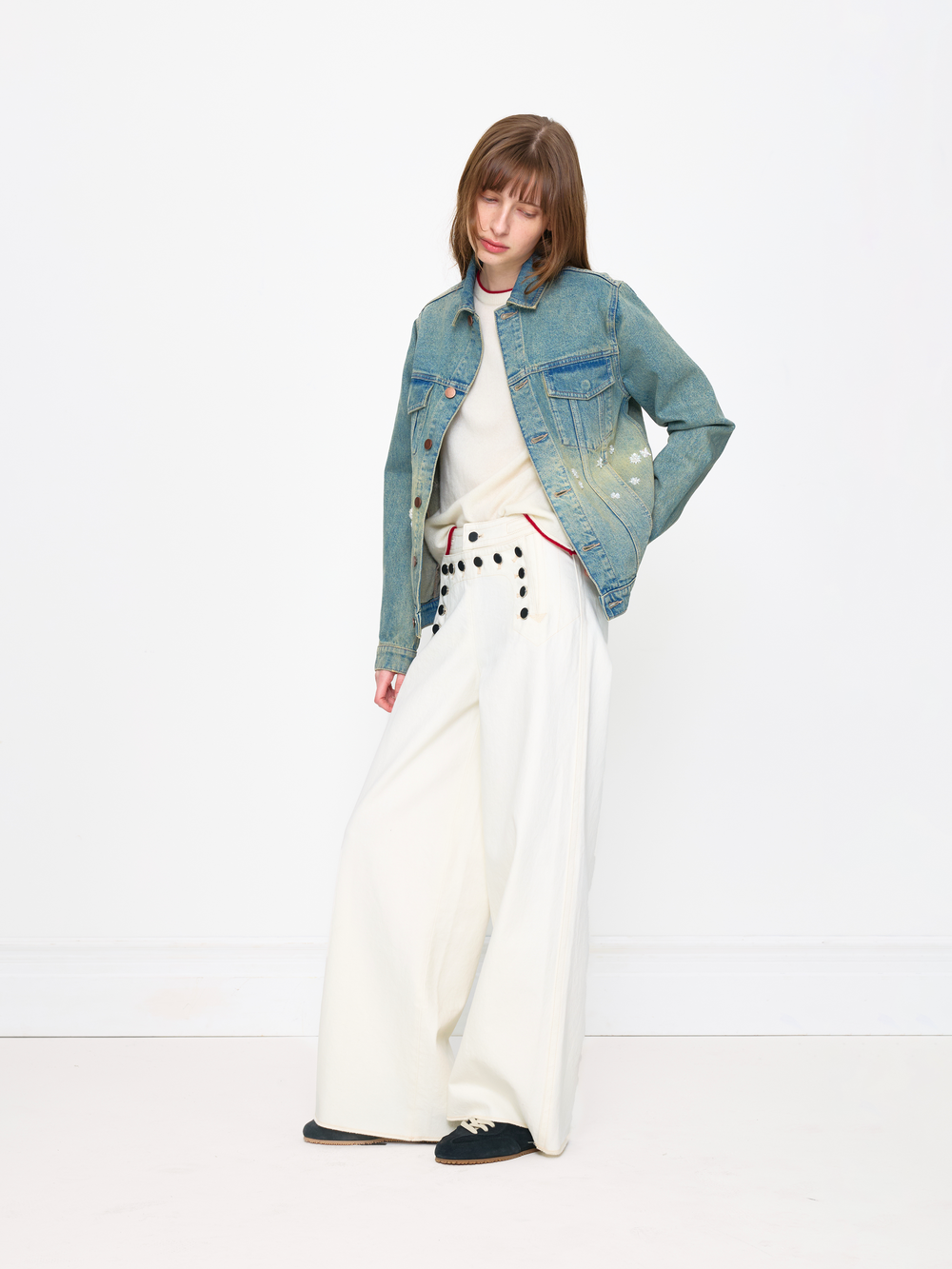 BLUE WHITE BEADED UNISEX TRUCKER JACKET